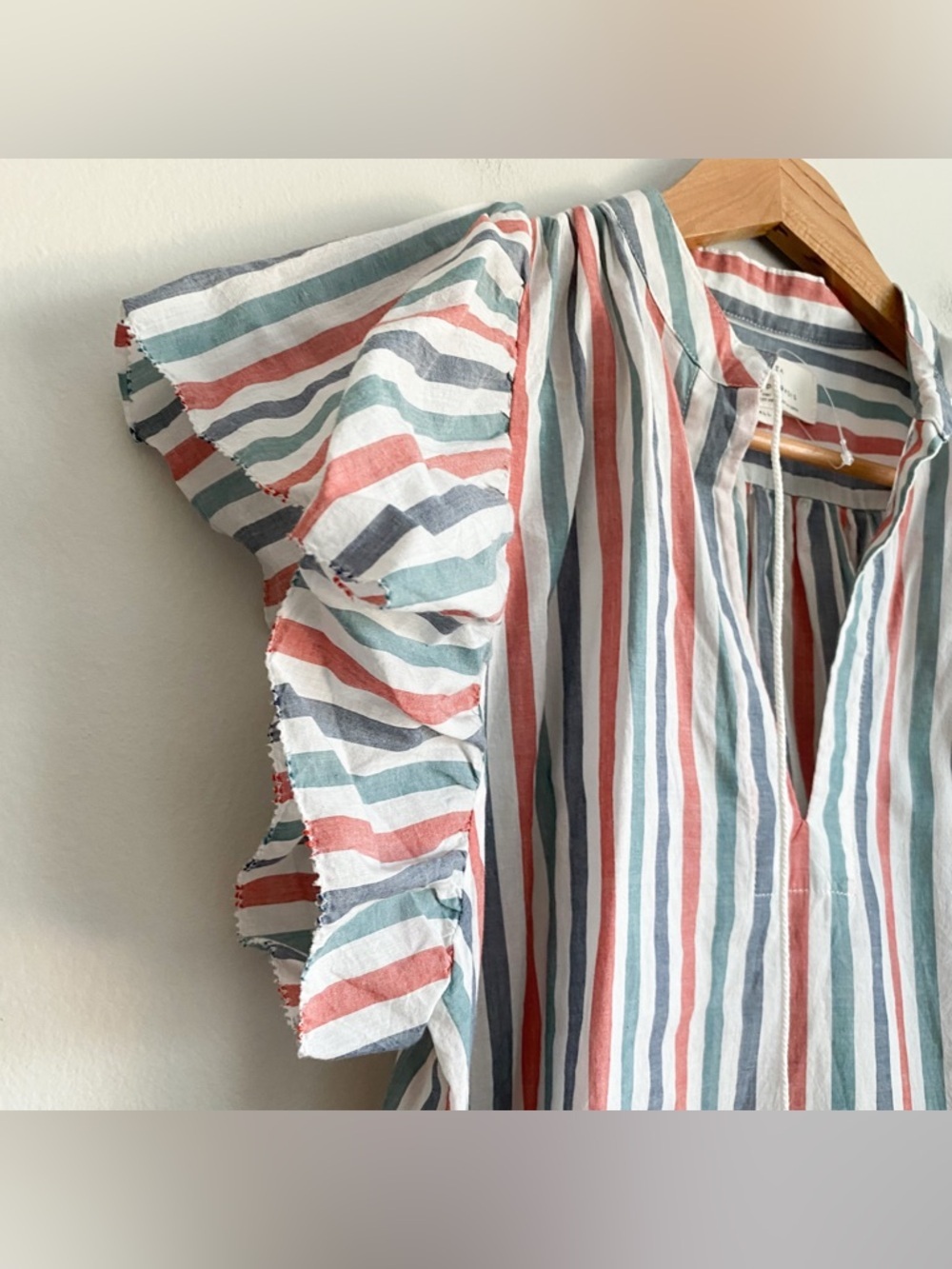 Trovata Striped Blouse Shirt Top Blue Red Short Flutter Sleeves Cottage Boho S - Picture 5 of 11